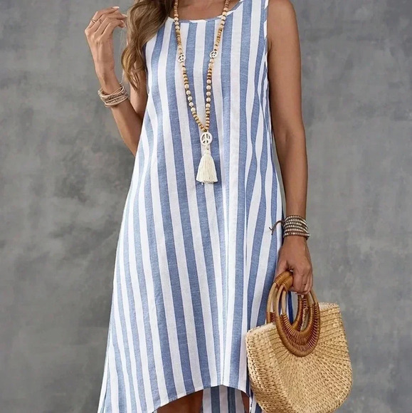 Island Vacation Style Striped Sleeveless Women Dress With Country Style - Picture 1 of 6